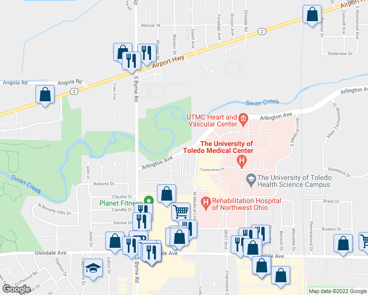map of restaurants, bars, coffee shops, grocery stores, and more near in Toledo