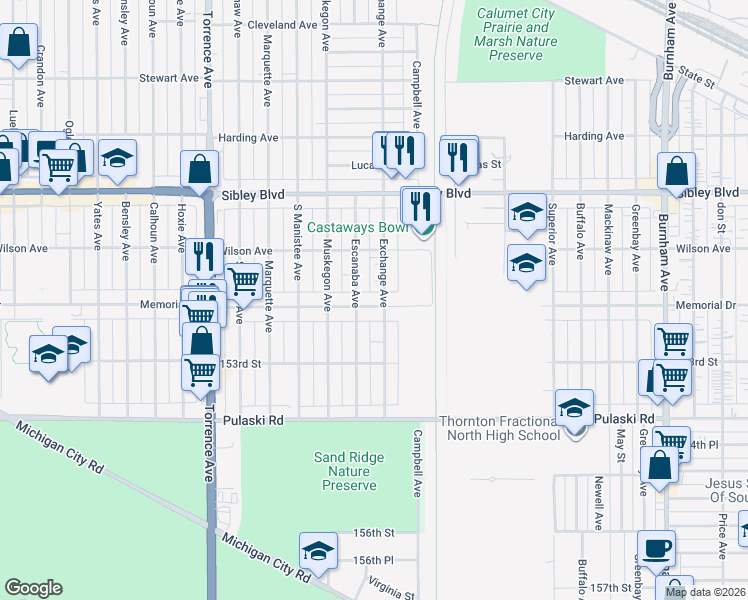 map of restaurants, bars, coffee shops, grocery stores, and more near 1103 Memorial Drive in Calumet City