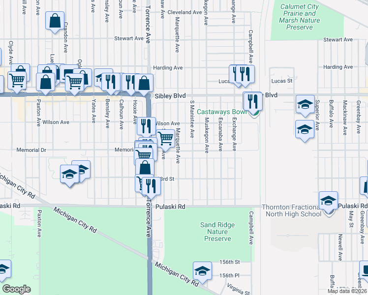 map of restaurants, bars, coffee shops, grocery stores, and more near 1275 Memorial Drive in Calumet City