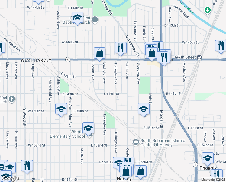 map of restaurants, bars, coffee shops, grocery stores, and more near 14844 Turlington Avenue in Harvey