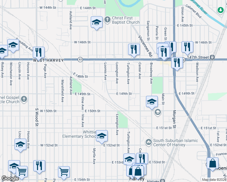 map of restaurants, bars, coffee shops, grocery stores, and more near 111 East 149th Street in Harvey
