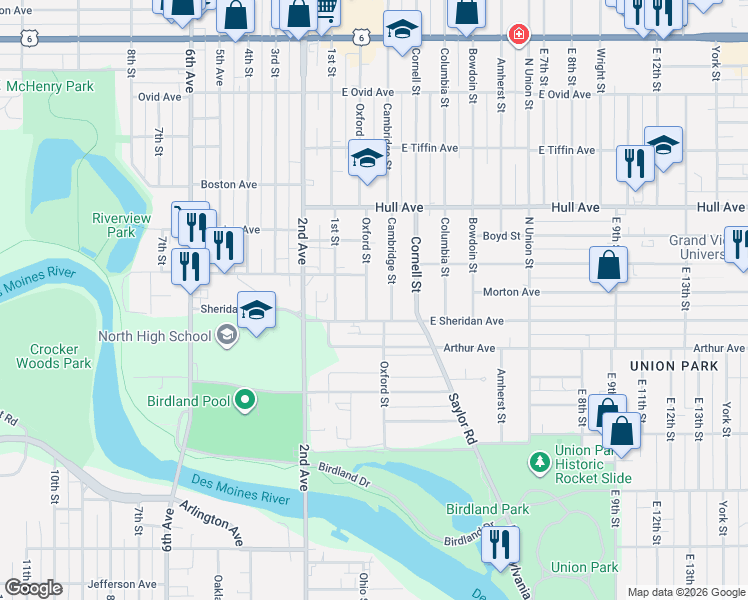 map of restaurants, bars, coffee shops, grocery stores, and more near 2606 Cambridge Street in Des Moines