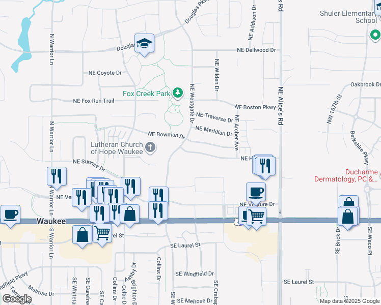 map of restaurants, bars, coffee shops, grocery stores, and more near 500 Northeast Horizon Drive in Waukee