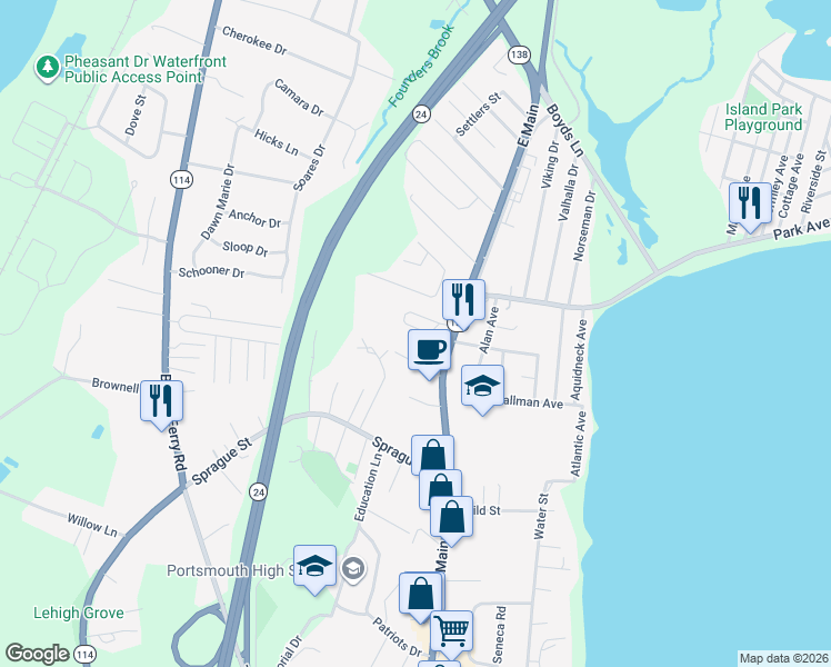 map of restaurants, bars, coffee shops, grocery stores, and more near 26 Seafare Lane in Portsmouth
