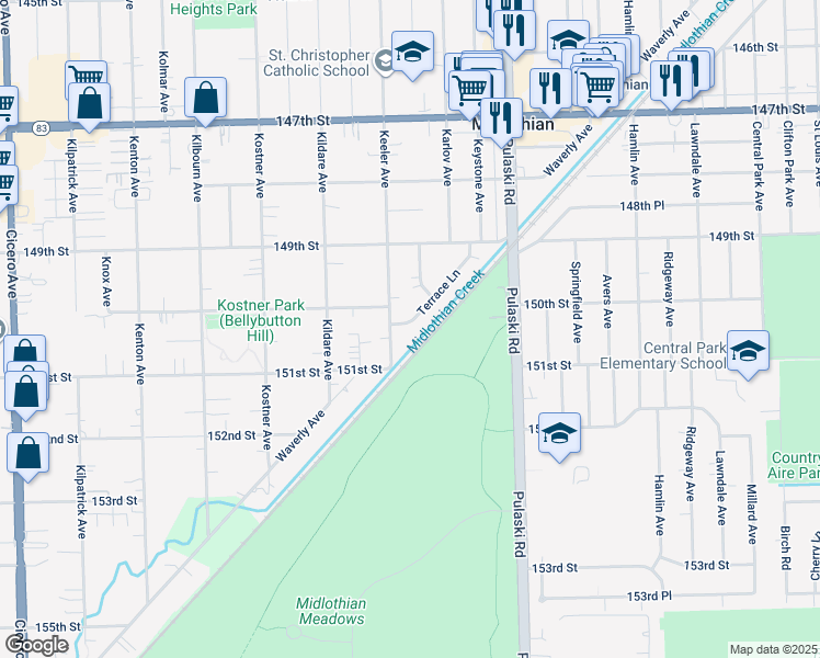 map of restaurants, bars, coffee shops, grocery stores, and more near 15037 Terrace Lane in Midlothian