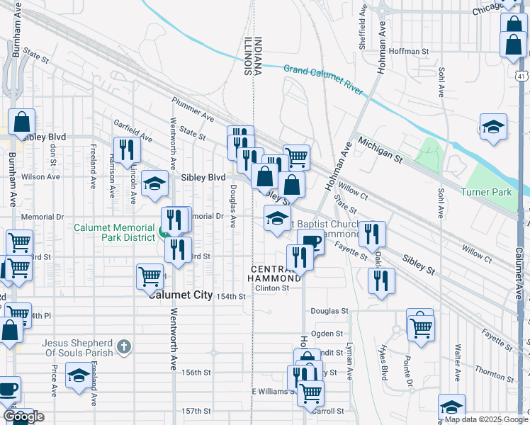 map of restaurants, bars, coffee shops, grocery stores, and more near 8 Rimbach Street in Hammond