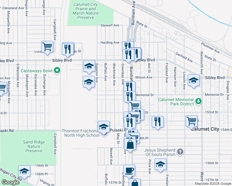map of restaurants, bars, coffee shops, grocery stores, and more near 674 Memorial Drive in Calumet City