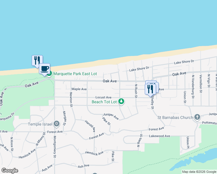 map of restaurants, bars, coffee shops, grocery stores, and more near 7901 Maple Ave in Gary