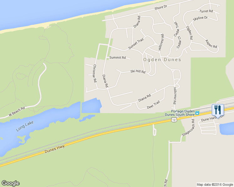 map of restaurants, bars, coffee shops, grocery stores, and more near 16 Indian Camp Trail in Ogden Dunes