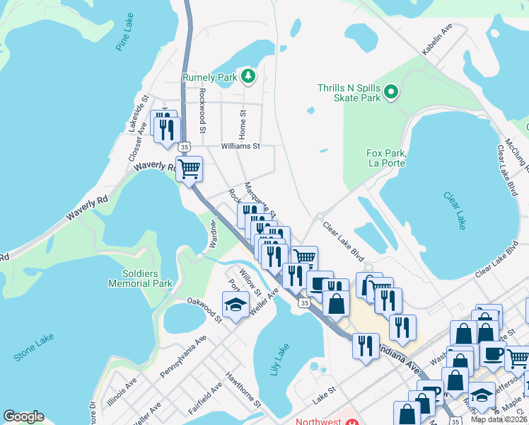 map of restaurants, bars, coffee shops, grocery stores, and more near 244 Marquette Street in La Porte