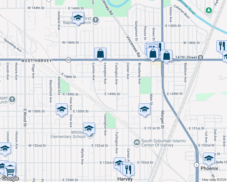 map of restaurants, bars, coffee shops, grocery stores, and more near 14844 Turlington Avenue in Harvey