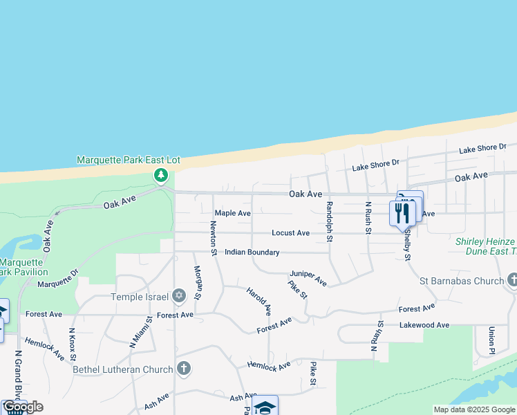 map of restaurants, bars, coffee shops, grocery stores, and more near 7612 Maple Avenue in Gary
