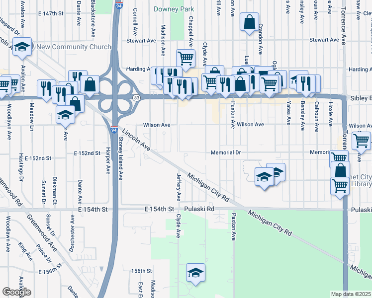 map of restaurants, bars, coffee shops, grocery stores, and more near 1954 Memorial Drive in Calumet City