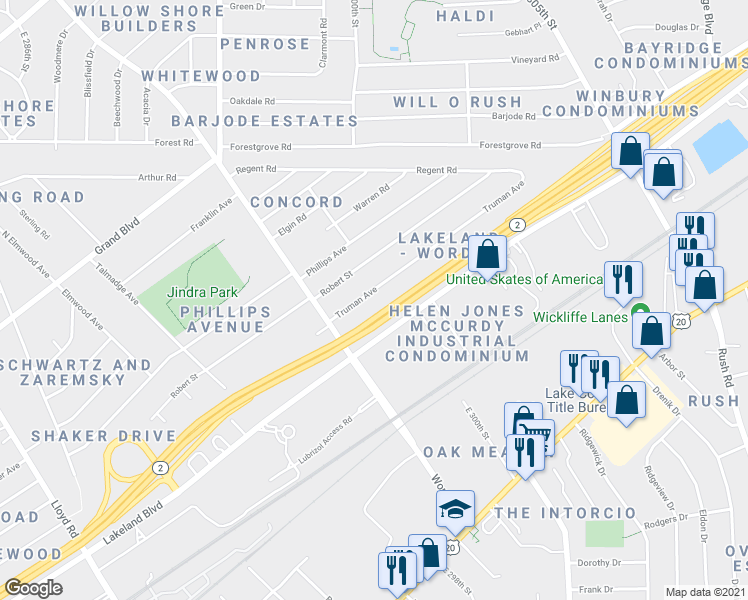 map of restaurants, bars, coffee shops, grocery stores, and more near 29962 Truman Avenue in Wickliffe
