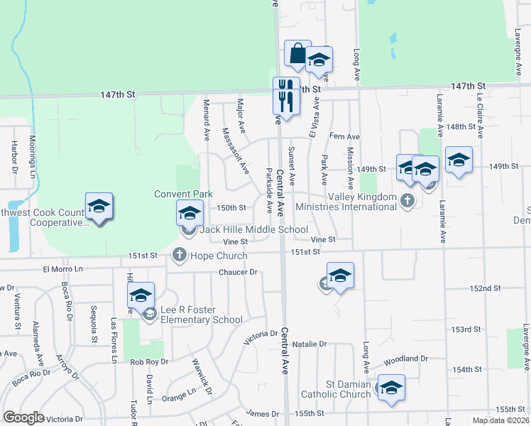 map of restaurants, bars, coffee shops, grocery stores, and more near 15030 Parkside Avenue in Oak Forest