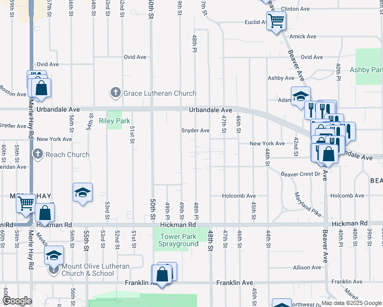 map of restaurants, bars, coffee shops, grocery stores, and more near 2710 48th Place in Des Moines
