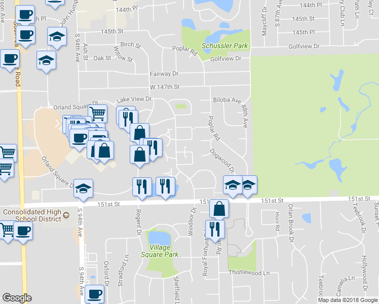 map of restaurants, bars, coffee shops, grocery stores, and more near 9023 Kennedy Court in Orland Park
