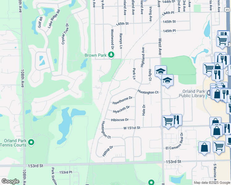 map of restaurants, bars, coffee shops, grocery stores, and more near 10246 Huntington Court in Orland Park
