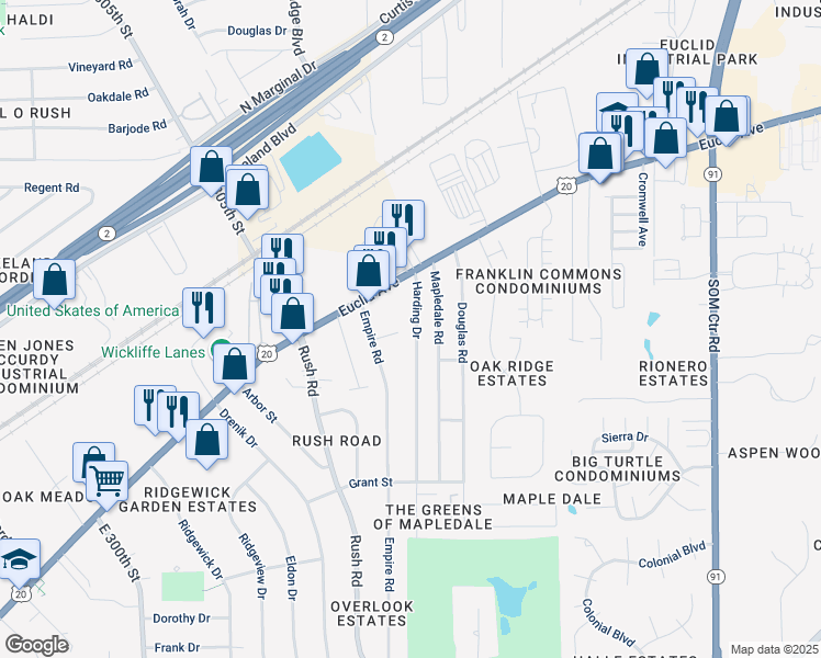 map of restaurants, bars, coffee shops, grocery stores, and more near 1741 Harding Drive in Wickliffe