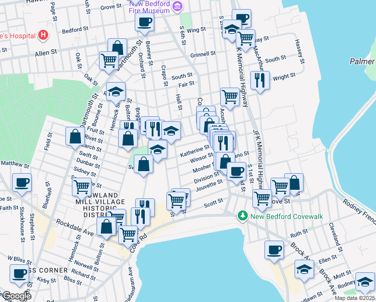 map of restaurants, bars, coffee shops, grocery stores, and more near 74 Katherine Street in New Bedford
