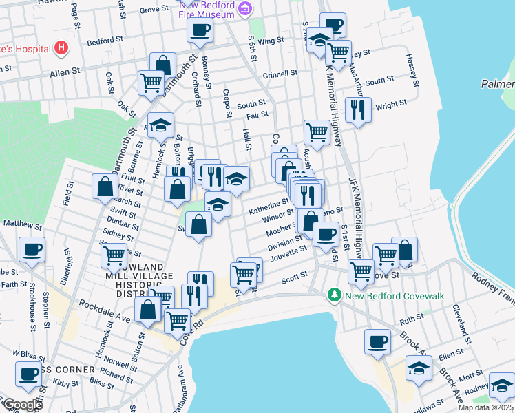 map of restaurants, bars, coffee shops, grocery stores, and more near 74 Katherine Street in New Bedford