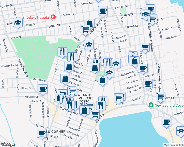 map of restaurants, bars, coffee shops, grocery stores, and more near 28 Larch Street in New Bedford