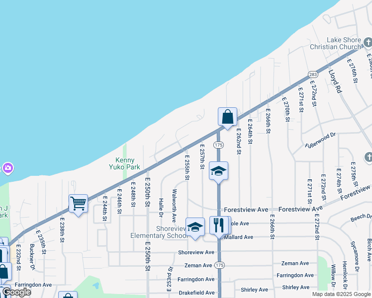 map of restaurants, bars, coffee shops, grocery stores, and more near 247 East 255th Street in Euclid
