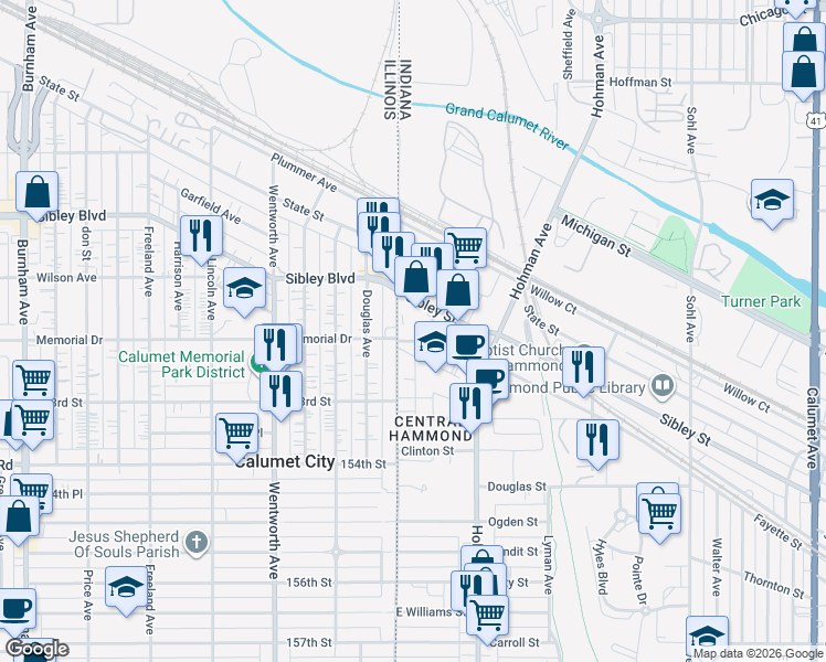 map of restaurants, bars, coffee shops, grocery stores, and more near 8 Rimbach Street in Hammond