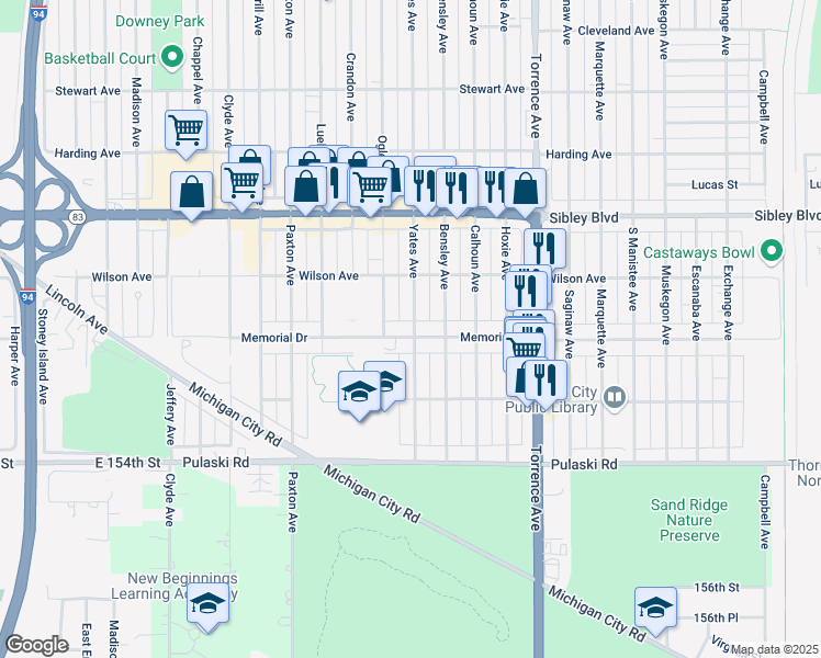 map of restaurants, bars, coffee shops, grocery stores, and more near 1601 Memorial Drive in Calumet City