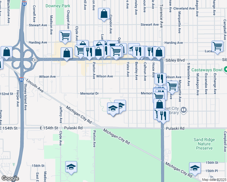 map of restaurants, bars, coffee shops, grocery stores, and more near 1651 Memorial Drive in Calumet City