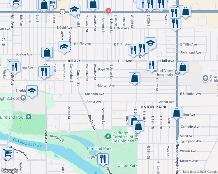 map of restaurants, bars, coffee shops, grocery stores, and more near 612 East Sheridan Avenue in Des Moines