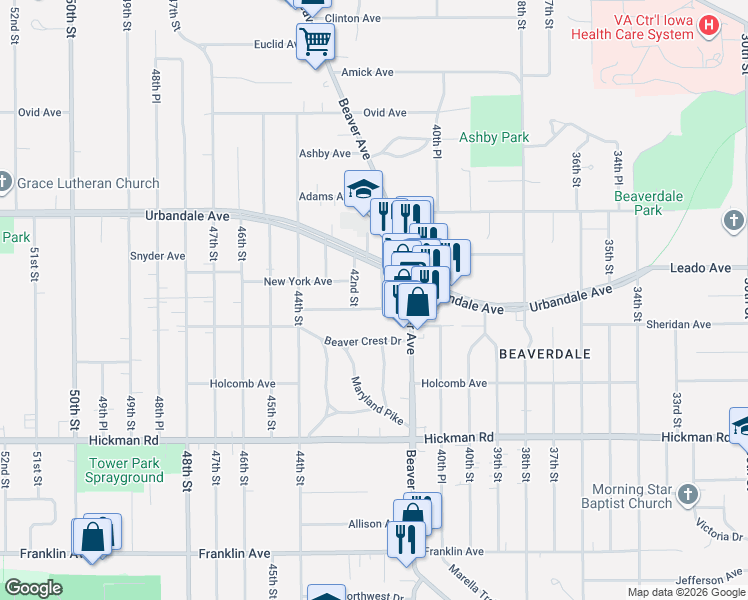 map of restaurants, bars, coffee shops, grocery stores, and more near 4204 Sheridan Avenue in Des Moines