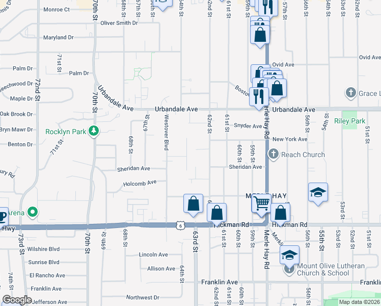 map of restaurants, bars, coffee shops, grocery stores, and more near 2701 63rd Street in Des Moines