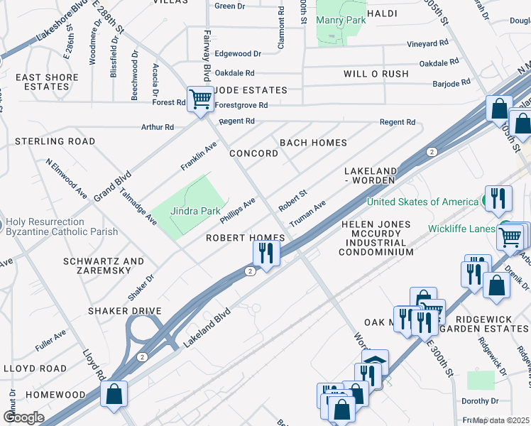 map of restaurants, bars, coffee shops, grocery stores, and more near 970 Worden Road in Wickliffe