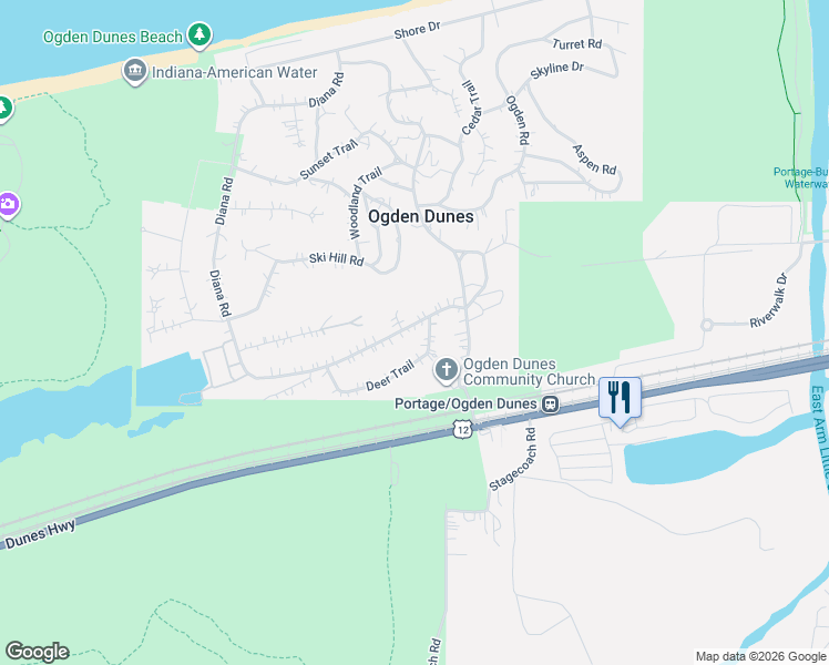 map of restaurants, bars, coffee shops, grocery stores, and more near 8 Deer Trail in Ogden Dunes