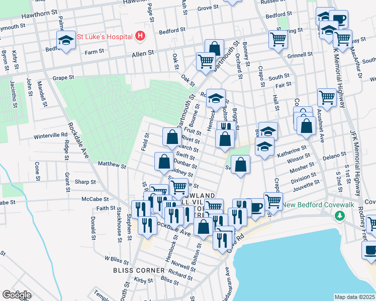 map of restaurants, bars, coffee shops, grocery stores, and more near 90 Larch Street in New Bedford