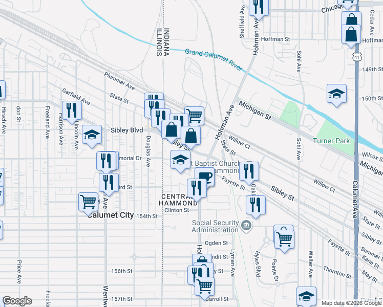 map of restaurants, bars, coffee shops, grocery stores, and more near 5218-5232 Hohman Avenue in Hammond