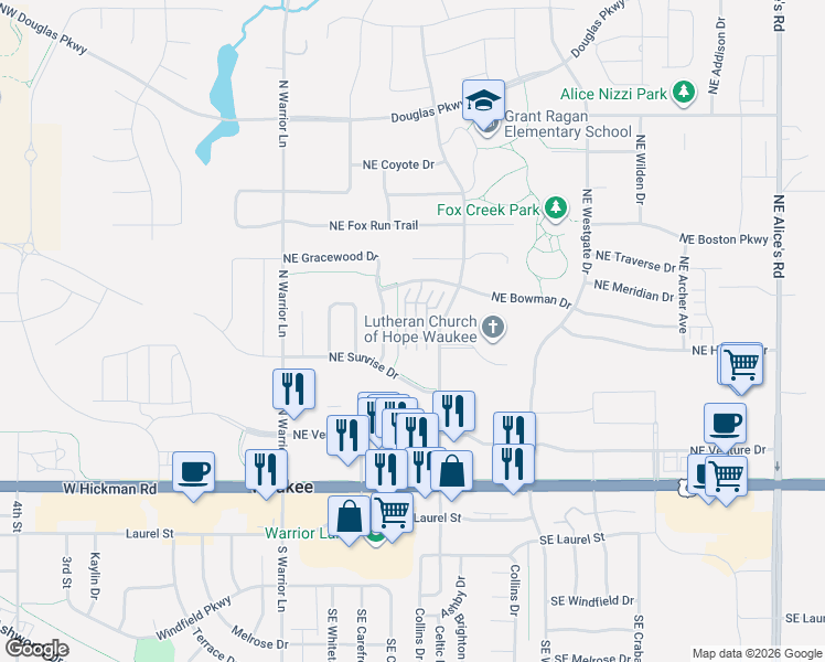 map of restaurants, bars, coffee shops, grocery stores, and more near 303 Northeast Sandalwood in Waukee