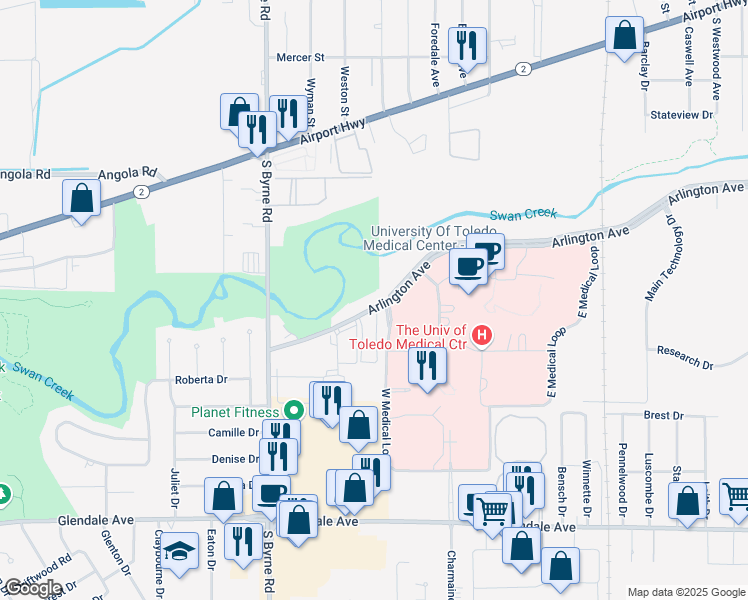 map of restaurants, bars, coffee shops, grocery stores, and more near in Toledo
