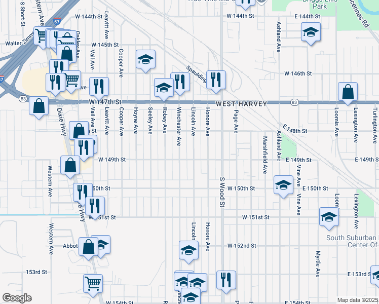 map of restaurants, bars, coffee shops, grocery stores, and more near 14901 Lincoln Avenue in Harvey