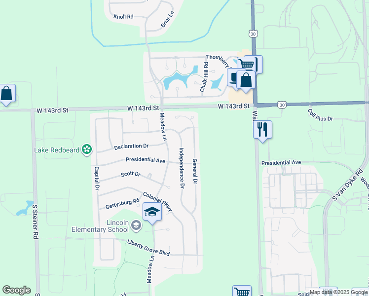 map of restaurants, bars, coffee shops, grocery stores, and more near 14441 Independence Drive in Plainfield