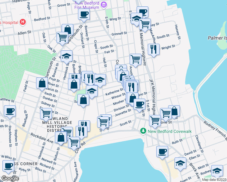 map of restaurants, bars, coffee shops, grocery stores, and more near 74 Katherine Street in New Bedford