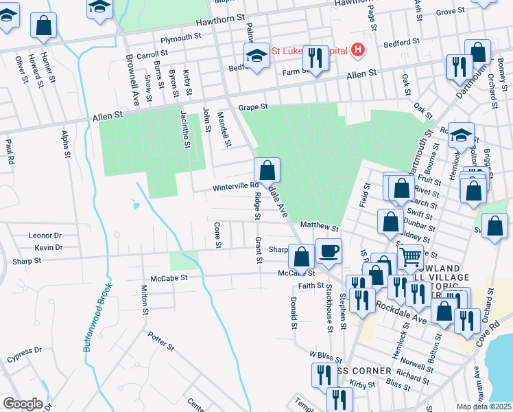 map of restaurants, bars, coffee shops, grocery stores, and more near 207 Matthew Street in New Bedford