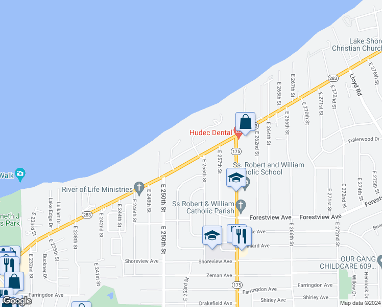map of restaurants, bars, coffee shops, grocery stores, and more near 25360 Lakeshore Boulevard in Euclid