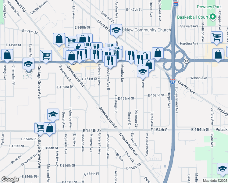 map of restaurants, bars, coffee shops, grocery stores, and more near 15134 Hastings Drive in Dolton
