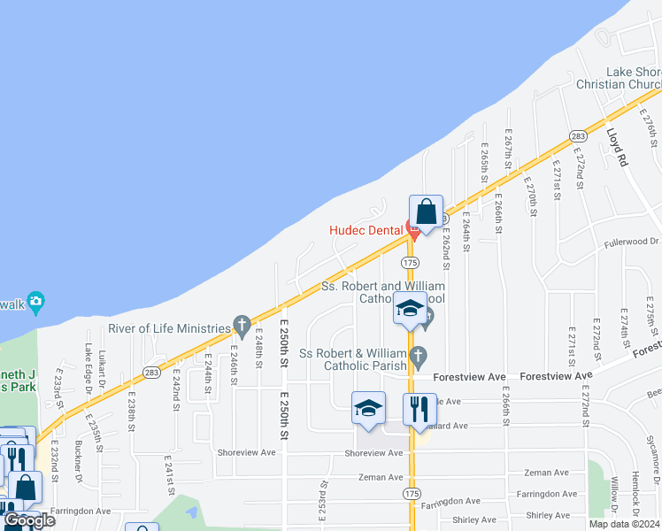 map of restaurants, bars, coffee shops, grocery stores, and more near 25401 Lake Shore Boulevard in Euclid