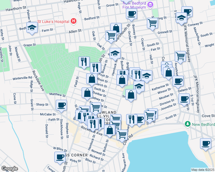 map of restaurants, bars, coffee shops, grocery stores, and more near 65 Larch Street in New Bedford