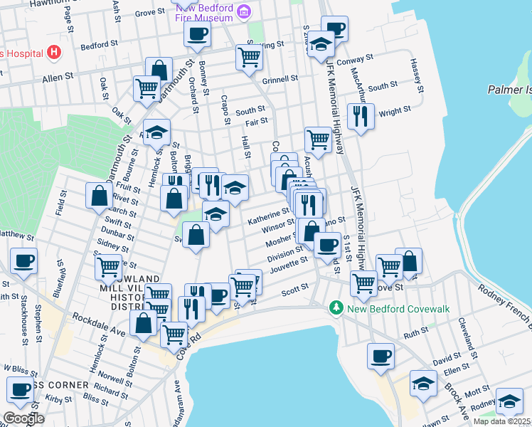 map of restaurants, bars, coffee shops, grocery stores, and more near 74 Katherine Street in New Bedford