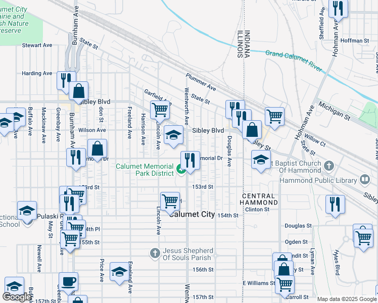map of restaurants, bars, coffee shops, grocery stores, and more near 561 Wentworth Avenue in Calumet City