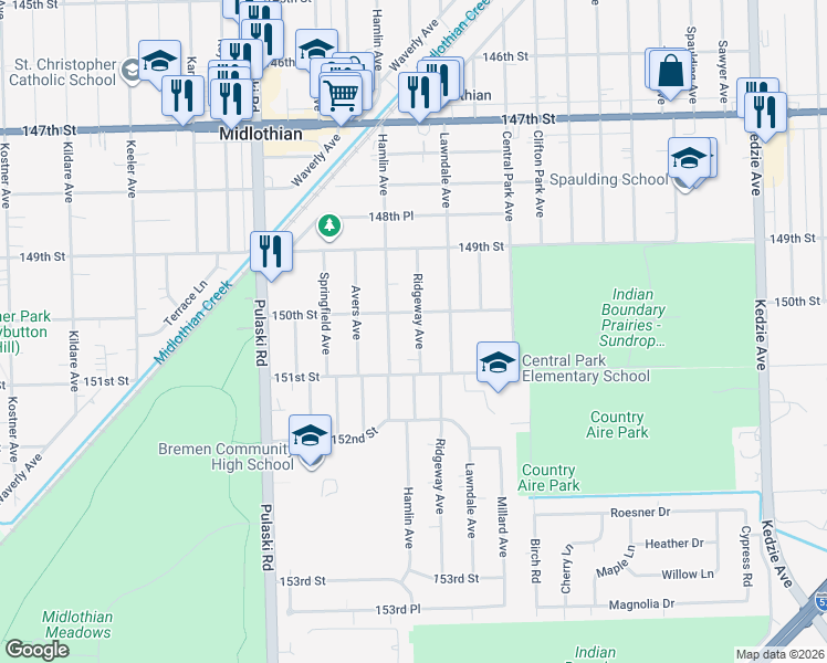 map of restaurants, bars, coffee shops, grocery stores, and more near 15037 Ridgeway Avenue in Midlothian